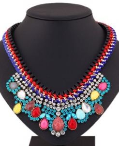 Rhinestone Weave Chain Multilayer Color Gem Choker Necklace